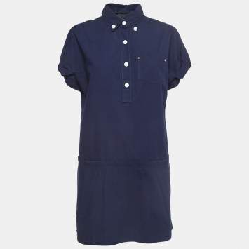 Pre Owned Louis Vuitton Navy Blue Cotton Mini Shirt Dress M