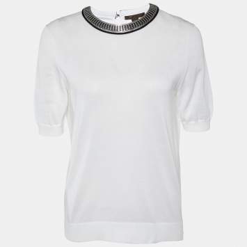 Pre Owned Louis Vuitton White Cotton Knit Neck Trim Detail T-Shirt M
