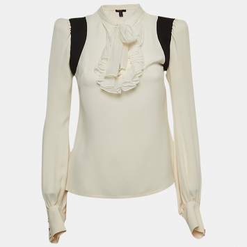 Pre Owned Louis Vuitton Ivory White Silk Ruffled Tie Neck Blouse S