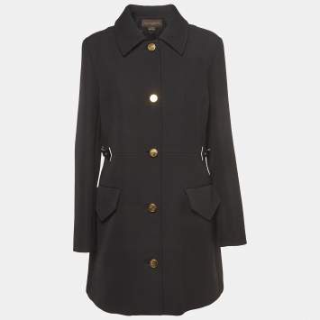 Louis Vuitton Black Wool Leather Tab Waist Single Breasted Coat XL