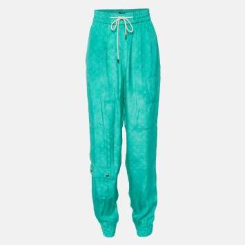 Pre Owned Louis Vuitton Green Monogram Silk Drawstring Waist Trousers M
