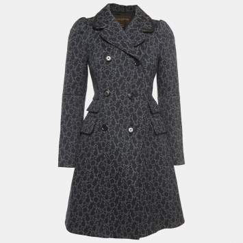 Pre Owned Louis Vuitton Navy Blue Printed Leather Trimmed Knit Double Breasted Coat S