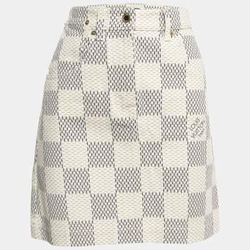 Pre Owned Louis Vuitton Cream Damier Azur Print Denim Mini Skirt M