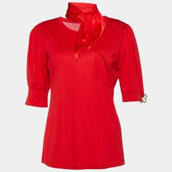 Pre Owned Louis Vuitton Red Cotton Monogram Brooch Detail T-Shirt M