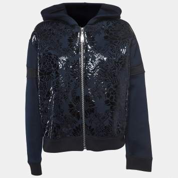 Pre Owned Louis Vuitton Navy Blue Floral Pattern Leather Trim Knit Zipper Jacket L