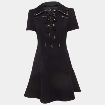 Pre Owned Louis Vuitton Black Wool Blend Lace-Up Neck Skater Dress M