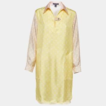 Pre Owned Louis Vuitton Pastel Yellow Monogram Silk High-Low Mini Shirt Dress S   