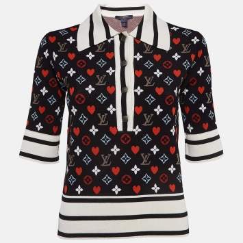 Pre Owned Louis Vuitton Black/Multicolor Logo Intarsia Knit Polo T-Shirt S