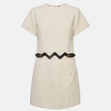 Pre Owned Louis Vuitton Natural White Wool Scallop Detail Midi Dress M