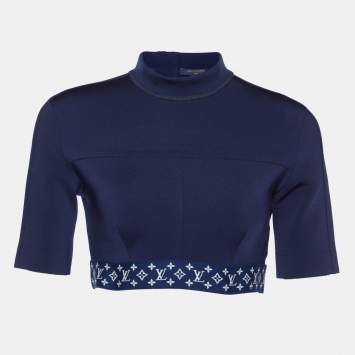 Pre Owned Louis Vuitton Navy Blue Jersey Flight Mode Sporty Crop Top M