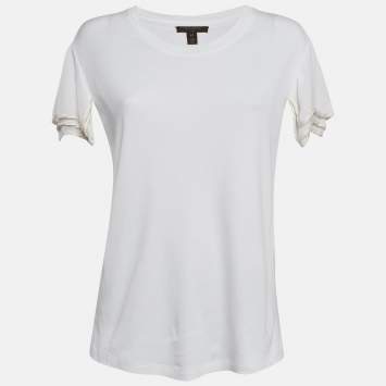 Pre Owned Louis Vuitton White Crepe Sleeve Trim Jersey T-Shirt L