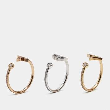 Louis Vuitton Idylle Blossom Diamond Pavéd 18k Three Tone Gold Set of 3 Rings Size 53