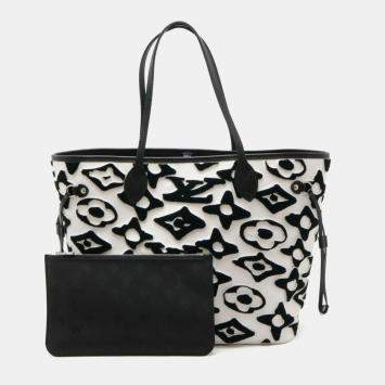 Pre Owned Louis Vuitton Black White Neverfull MM Tote Bag