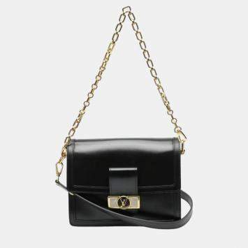 Pre Owned Louis Vuitton Noir Calfskin Dauphine MM LV Lock Chain Shoulder Bag