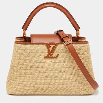 Pre Owned Louis Vuitton Raffia and Leather Trim Capucines MM Bag