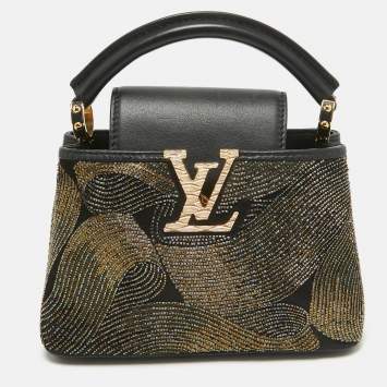 Pre Owned Louis Vuitton Black/Gold Beaded Embroidered Cruella Satin Capucines Mini Bag