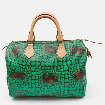 Pre Owned Louis Vuitton Green Monogram Canvas Yayoi Kusama Town Speedy 30 Bag w/Wallet