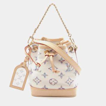 Pre Owned Louis Vuitton White Canvas Leather Nano Noe Monogram Jacquard Handbag 