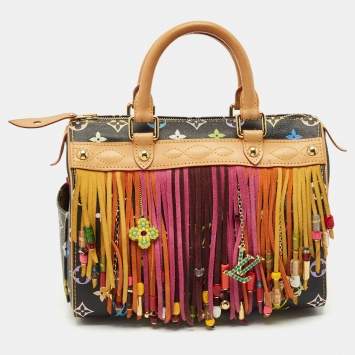Pre Owned Louis Vuitton Black Monogram Multicolore Limited Edition Fringe Speedy 25 Bag