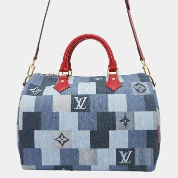 Pre Owned Louis Vuitton Blue/Red Monogram Denim Speedy Bandouliere 30 Handbag