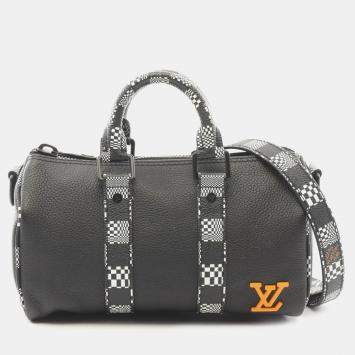 Pre Owned Louis Vuitton Black Leather with Limited Edition Distorted Damier XS Keepall Bandouliere Bag 