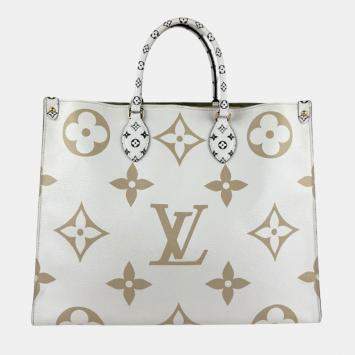 Pre Owned Louis Vuitton Kaki Beige Coated Canvas Monogram Giant Onthego GM Tote Bag
