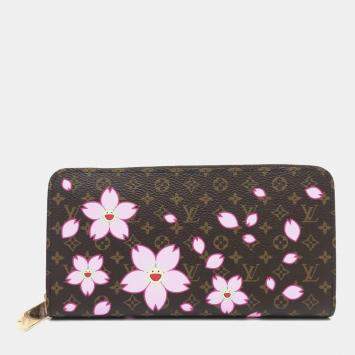 Pre Owned Louis Vuitton Brown Monogram Canvas Takashi Murakami Cherry Blossom Long Zippy Wallet