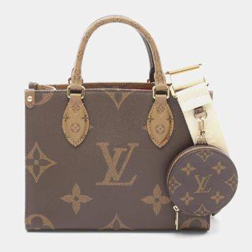 Pre Owned Louis Vuitton On The Go PM Brown Beige Monogram Reverse Coated Canvas Tote Bag