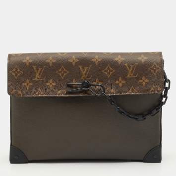 Pre Owned Louis Vuitton Khaki Green Taiga Leather and Monogram Canvas Pochette Voyage Steamer