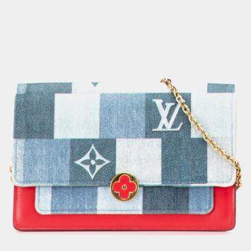 Pre Owned Louis Vuitton Blue Monogram Denim Patchwork Fiore Chain Wallet
