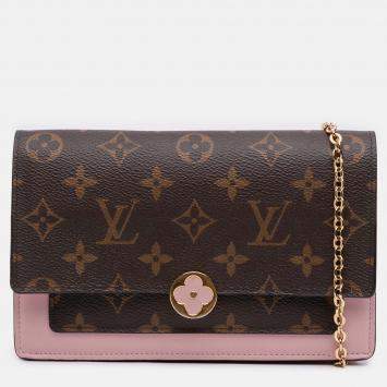 Pre Owned Louis Vuitton Brown/Pink Monogram Flore Wallet On Chain
