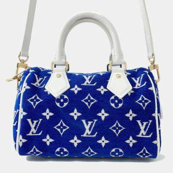 Pre Owned Louis Vuitton Speedy Bandouliere 20 Blue/White Monogram Jacquard Velvet Handbag