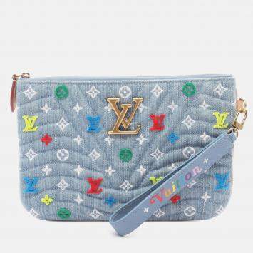 Pre Owned Louis Vuitton Blue Embroidered Monogram Denim New Wave Zipped Pochette