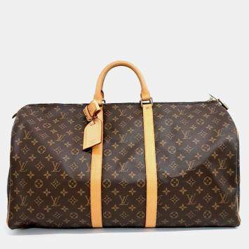 Pre Owned Louis Vuitton Bandouliere Keepall 55 Brown Monogram Coated Canvas Leather Handbag