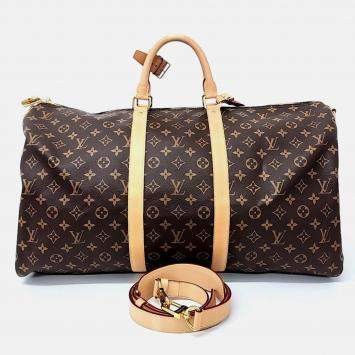 Pre Owned Louis Vuitton Brown Coated Canvas Monogram Bandouliere Keepall 55