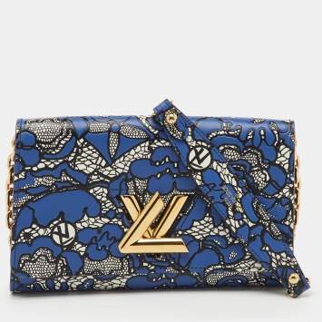 Pre Owned Louis Vuitton Navy Blue Flower Lace Leather Inlay Twist Wallet on Chain