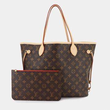 Pre Owned Louis Vuitton Monogram Neverfull Mm Tote Bag  Brown  Cerise