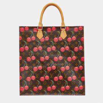 Pre Owned Louis Vuitton X Takashi Murakami Monogram Cherry Sac Plat Tote Bag Brown Leather