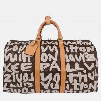 Pre Owned Louis Vuitton Keepall Graffiti 50 White Monogram Canvas Duffle Bag