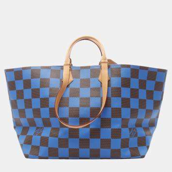 Pre Owned Louis Vuitton Soft Sac Plat EW Damier Pop Brown Blue Coated Canvas Leather Tote Bag