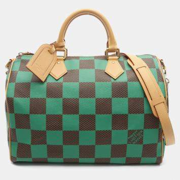 Pre Owned Louis Vuitton Speedy Bandouliere 40 Green Brown Damier Coated Canvas Leather Top Handle Bag