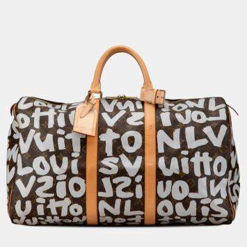 مملوكة مسبقًا Louis Vuitton Monogram Graffiti Keepall 50 Grey Brown Monogram Coated Canvas and Leather Duffel Bag