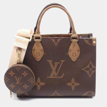 Pre Owned Louis Vuitton On The Go Monogram Giant Reverse PM Brown Beige Coated Canvas Tote Bag