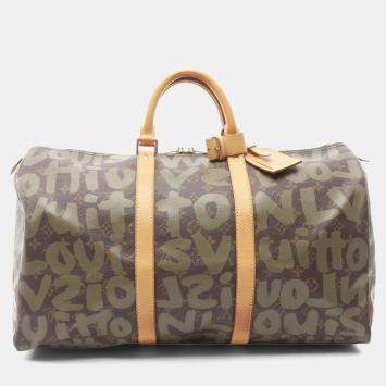 Pre Owned Louis Vuitton Keepall Monogram Graffiti 50 Brown Khaki Coated Canvas Leather Duffel Bag