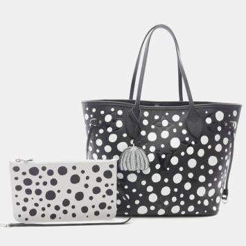 Pre Owned Louis Vuitton X Yayoi Kusama Neverfull MM Black White Monogram Empreinte Leather Tote Bag