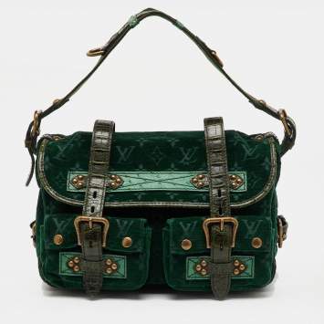 Pre Owned Louis Vuitton Green Monogram Velour Alligator and Ostrich-Trimmed Clyde Bag