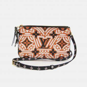 Pre Owned Louis Vuitton Clafity Double Zip Pochette Black Brown White Coated Canvas Shoulder Bag