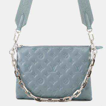 Pre Owned Louis Vuitton Coussin Blue Gacier/Red Monogram Embossed Lamb Leather Size PM