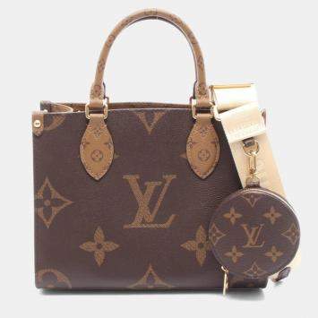 Pre Owned Louis Vuitton On The Go Pm Handbag Coated Canvas Monogram Reverse Brown And Beige
