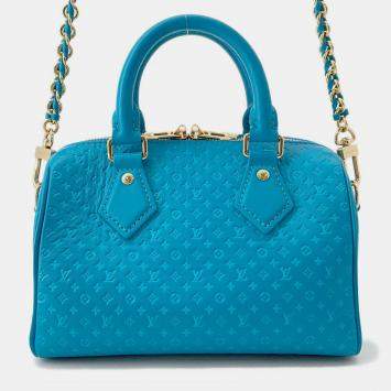 Pre Owned Louis Vuitton Nanogram Speedy Bandouliere Blue Monogram Calf Leather Size 20